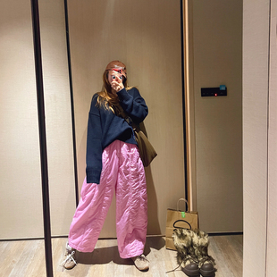 KOGIRL秋冬韩系博主款 女 绗缝线压褶夹棉高腰廓形舒适保暖休闲长裤