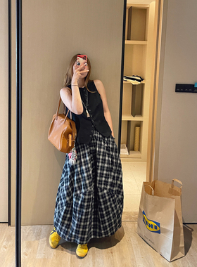 KOGIRL夏季轻薄透气日系休闲松弛感简约时髦格子气球云朵半身裙女