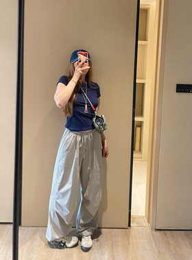 KOGIRL夏季韩系户外轻薄皱感工装裤女防晒抽绳休闲裤显瘦伞兵裤女