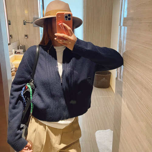 老钱风织纹设计拉链宽松毛衣外套