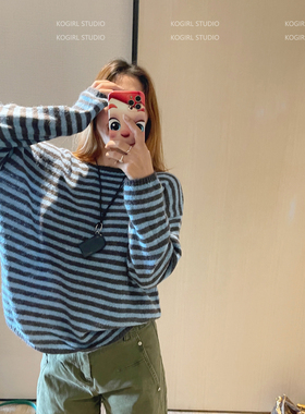 KOGIRL秋季韩版简约松弛感宽松廓形撞色条纹羊毛针织衫显瘦上衣女