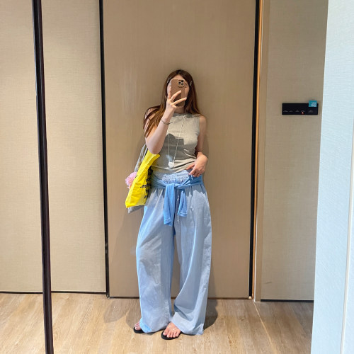 夏日棉麻慵懒休闲拖地直筒长裤女