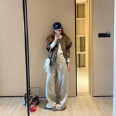 KOGIRL冬季 加绒加厚立裁斜线分割高腰阔腿松弛宽松显瘦牛仔裤 女