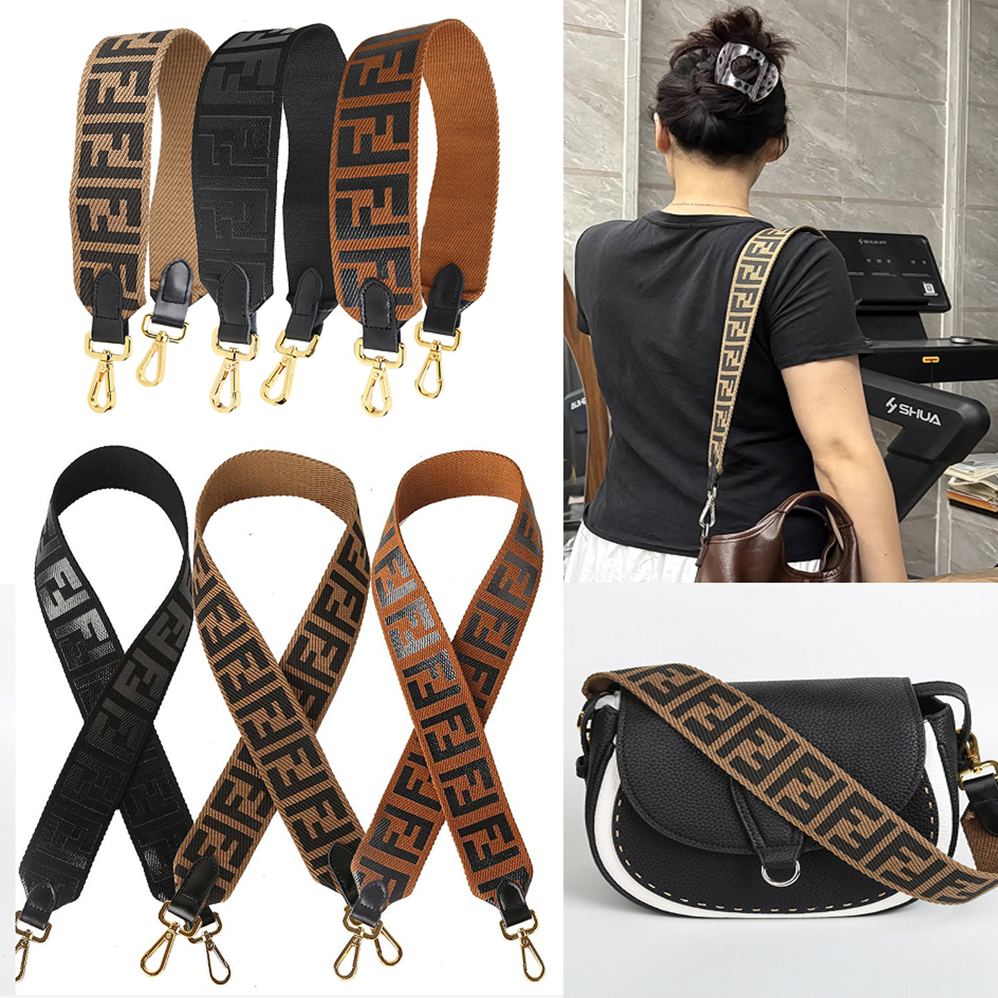 2025欧美头层牛皮宽肩带FF字印花织带女士包斜挎单肩包带百搭配件