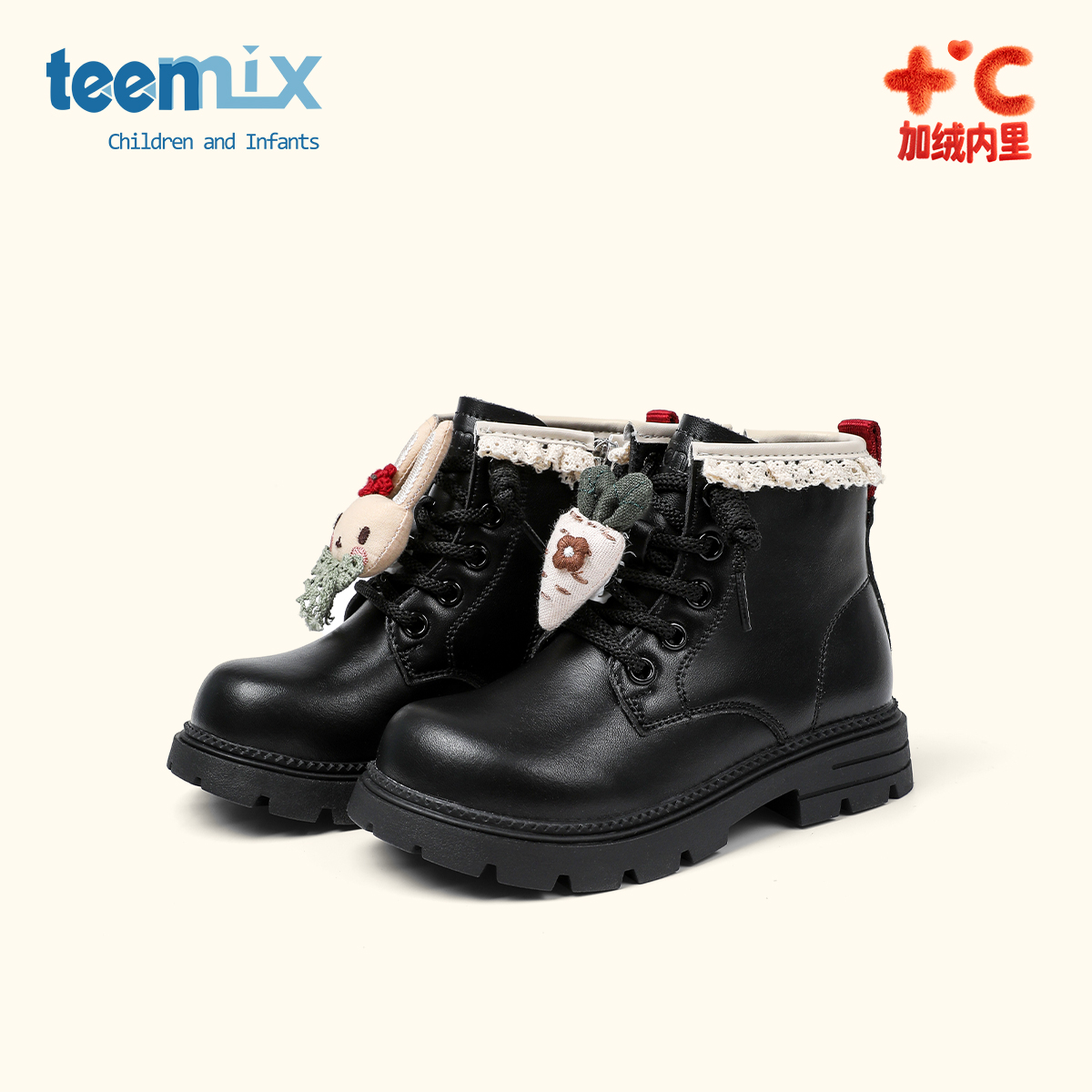 天美意2025年冬季新款儿童女童中大童英伦风靴子黑色马丁靴潮鞋子