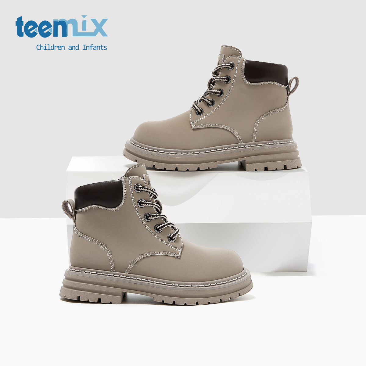 天美意童鞋2025年秋季新款男童灰色短靴百搭靴子女宝宝简约马丁靴