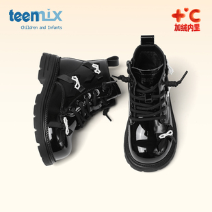 天美意童鞋2025年冬季新款女宝百搭珍珠蝴蝶结皮靴女童加绒时装靴