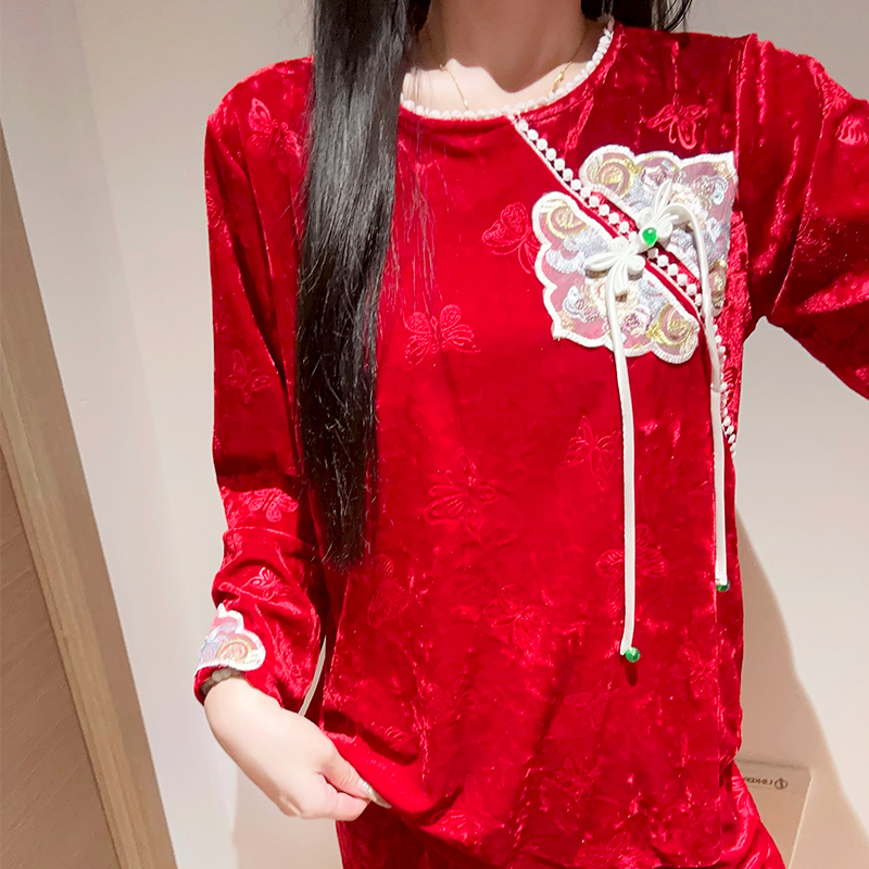 红色睡衣女秋冬金丝绒大码家居服
