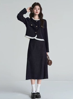 La Vague 圆领花边小香短外套+半身长裙