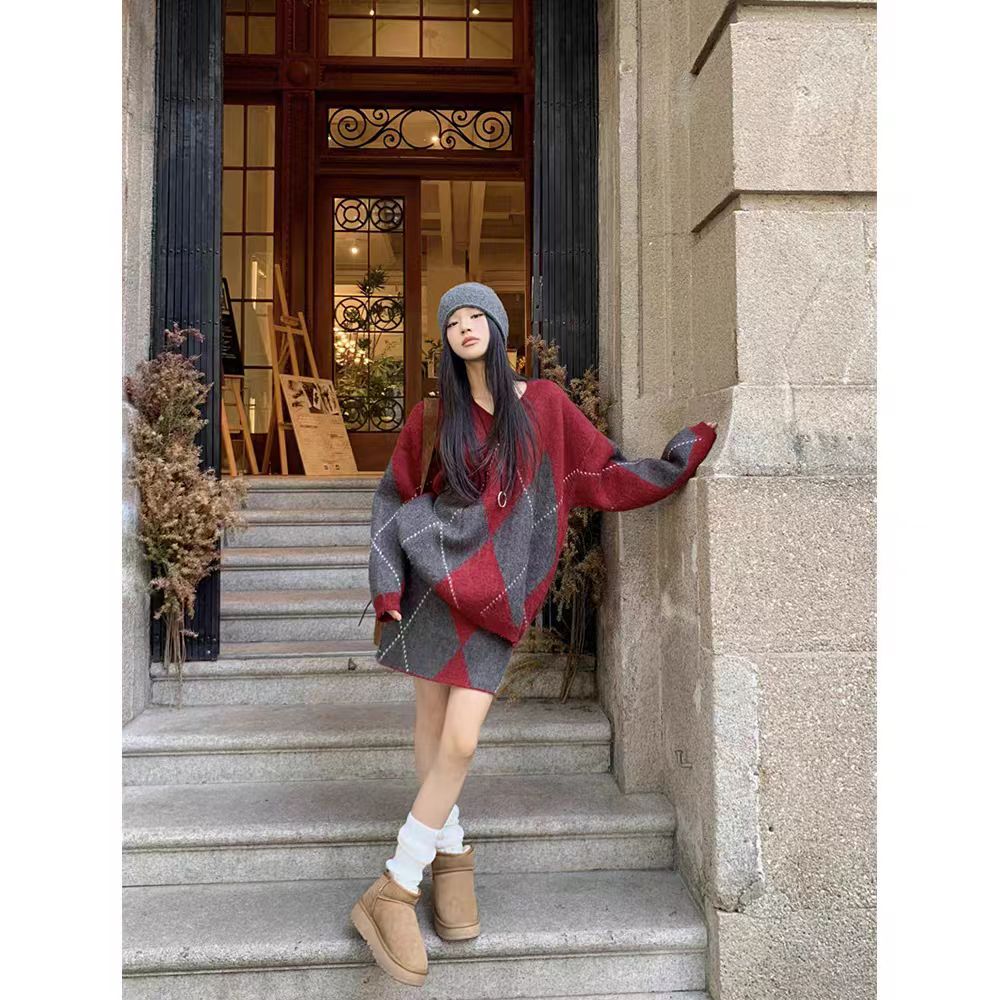 La Vague  V领菱格拼接撞色针织上衣+半身裙   LAW59014