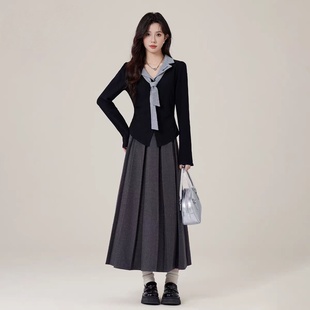 Vgaue 法式 别致翻领系带收腰上衣 LAW5 半身长裙 欢欢专享