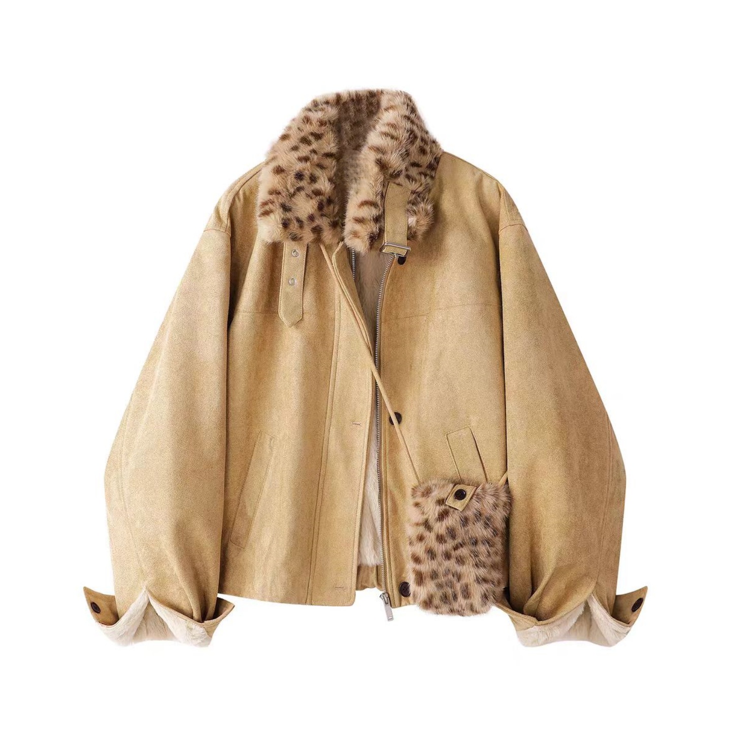 La Vague  豹纹毛毛拼接短款夹克外套