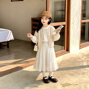 星芭彼 春新款洋气女童针织衫半身裙衬衫三件套时髦宝宝童装套装