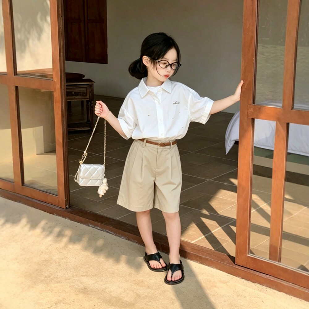 星芭彼 洋气女童短袖衬衫短裤两件套时髦韩版女宝宝童装套装日系