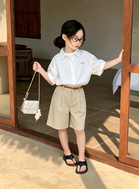 星芭彼 洋气女童短袖衬衫短裤两件套时髦韩版女宝宝童装套装日系