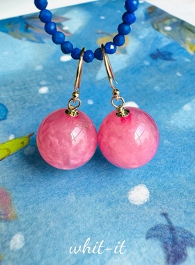 with it大圆珠耳坠耳环耳饰意大利进口粉色大珠吊坠复古中式156