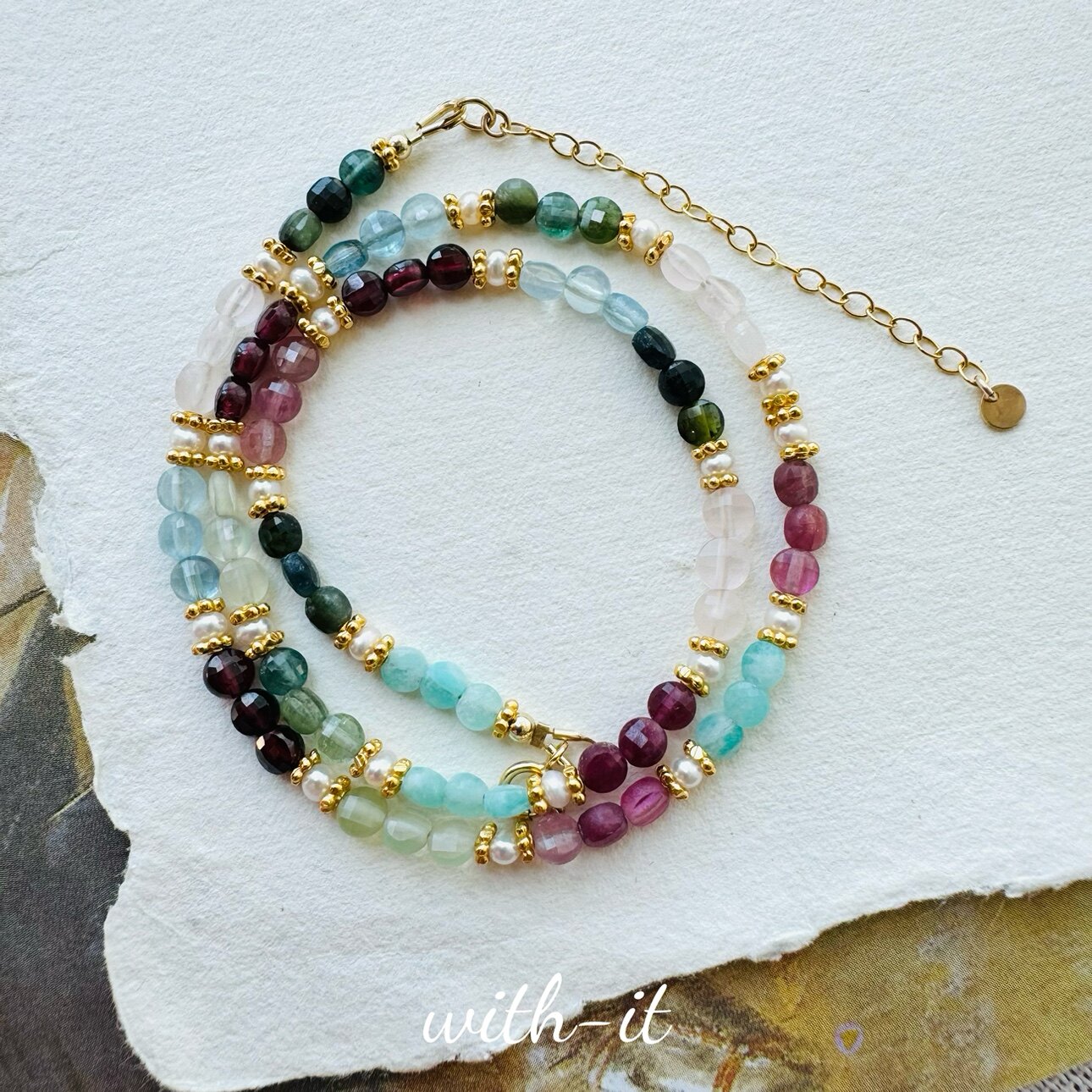 with it碧玺石榴石海蓝宝珍珠彩色半宝石项链意大利风复古珠串206