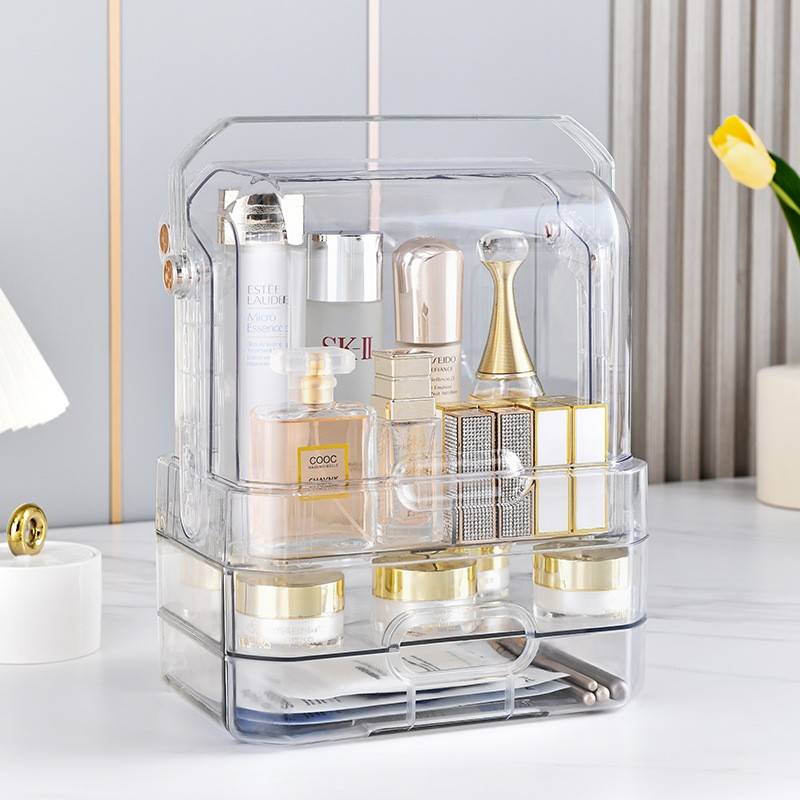 轻奢化妆品收纳盒PET透明有盖防尘储物盒抽屉式口红面膜置物架