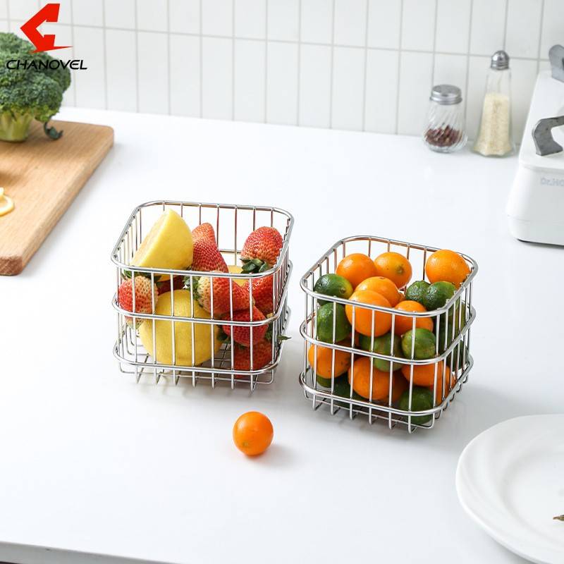 304不锈钢收纳篮线条简约厨房置物架沥水篮家用水果蔬菜收纳筐