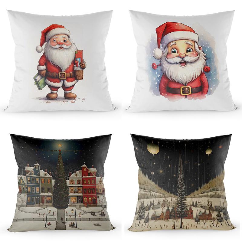 圣诞老人系列跨境外贸热款家居沙发抱枕靠枕套亚麻毛绒印花