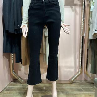 特。韩单 拉绒 松紧腰 黑色微喇裤 牛仔裤