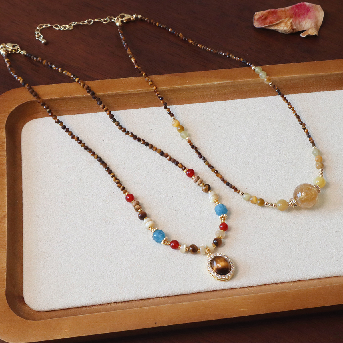 进口天然石彩色串珠拼接金霸项链黄塔晶虎眼石项链小众高级感颈链