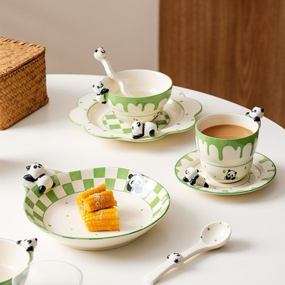 进口熊猫陶瓷碗碟套装釉下彩餐具高级感可爱乔迁新居碗盘筷碟餐盘