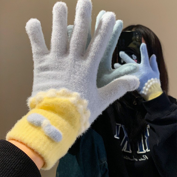 德国进口可爱蝴蝶结蓝色针织毛绒手套女2025年秋冬季分指加厚保暖