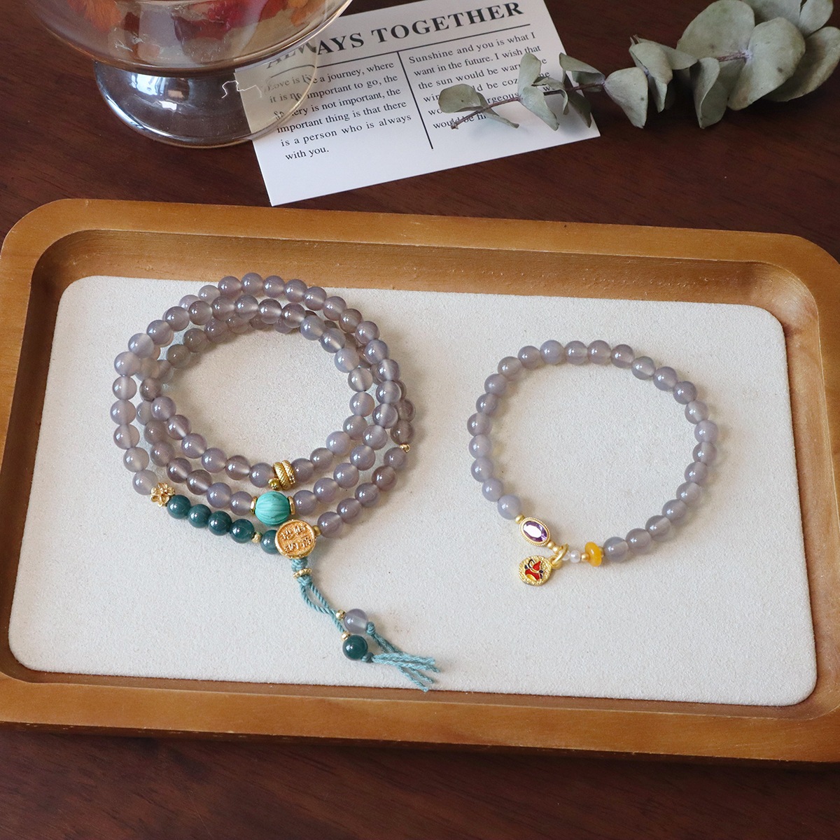 进口烟紫灰玛瑙招财纳福圆珠菱镁矿手链女简约手工弹力绳设计多圈