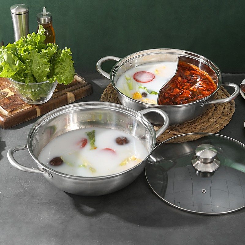 进口304不锈钢鸳鸯锅清汤锅火锅单底带盖家用电磁炉火锅盆支持定