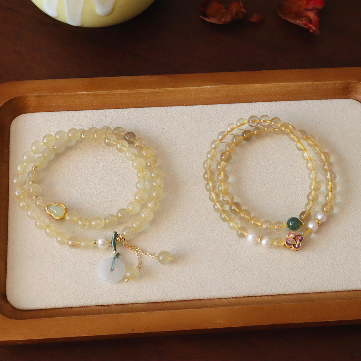 进口黄水晶天然水晶金发晶手链女生手串礼物双圈翡翠平安扣淡水珍