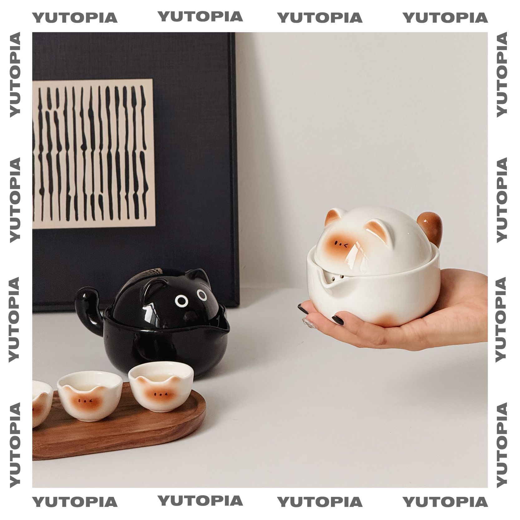 进口暹罗猫旅行茶具可爱便携式茶具茶杯套装户外露营一人饮泡茶壶