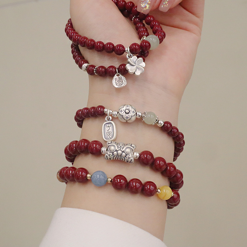 进口朱砂手链高含量紫金砂单圈手串纯银柿子和田玉配朱砂手饰品