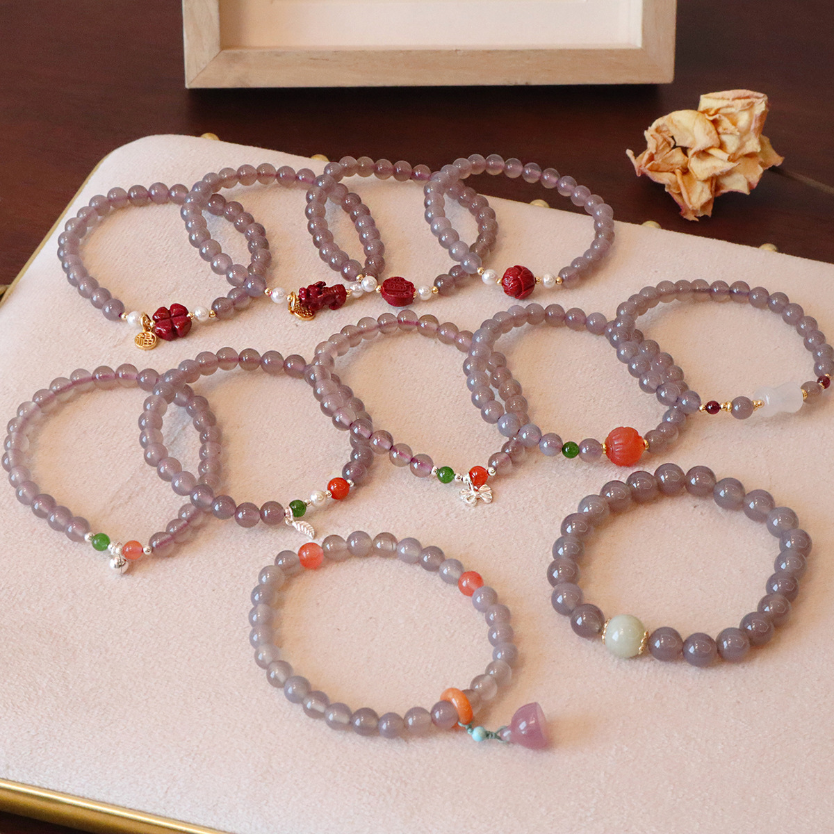 进口天然烟紫灰玛瑙手链女生高含量朱砂纯银手串珠宝水晶手饰品