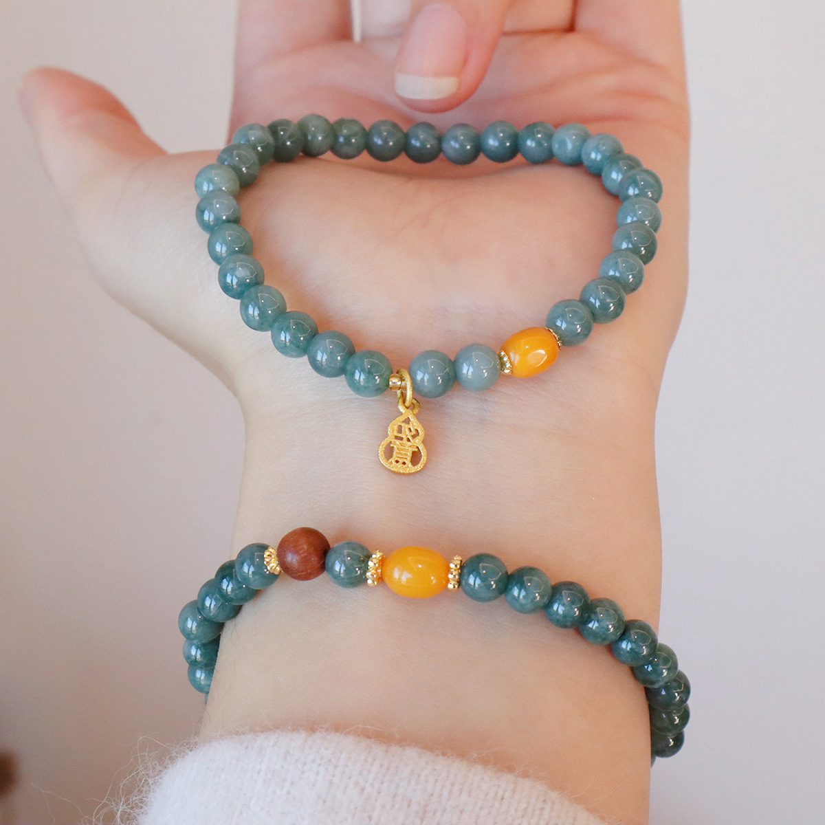 进口天然蓝水翡翠圆珠手串搭配蜜蜡简约高级感新中式手饰品手链