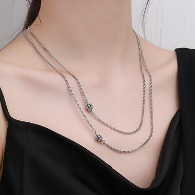 美汝仙 s925纯银韩版复古拼接皇冠吊坠纯链diy搭配项链毛衣链