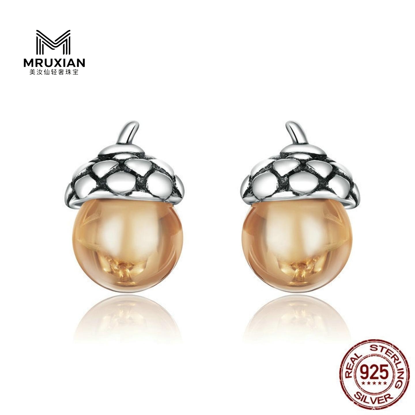 MRUXIAN 新款闪耀橡果纯银耳钉耳饰橡树果实时尚百搭耳环轻奢高级