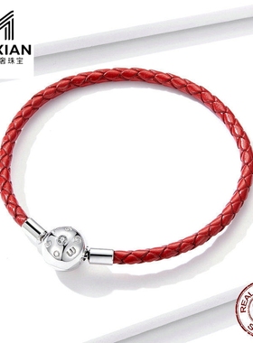 美汝仙 简约扣头s925纯银女真皮单圈基础红色手链原创设计手绳