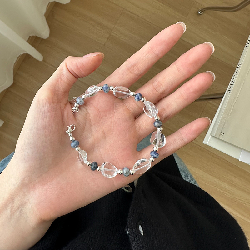 美汝仙 925纯银不规则水晶斑点银珠手链女简约手工设计百搭串珠