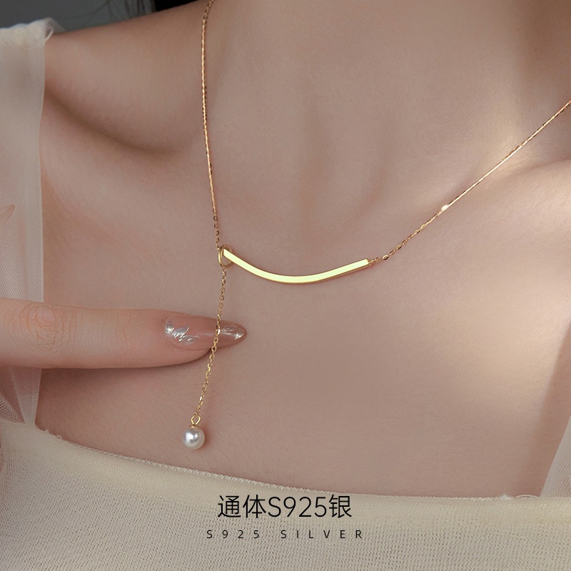 jinhepan s925银几何弧形微笑项链女轻奢珍珠流苏吊坠锁骨链