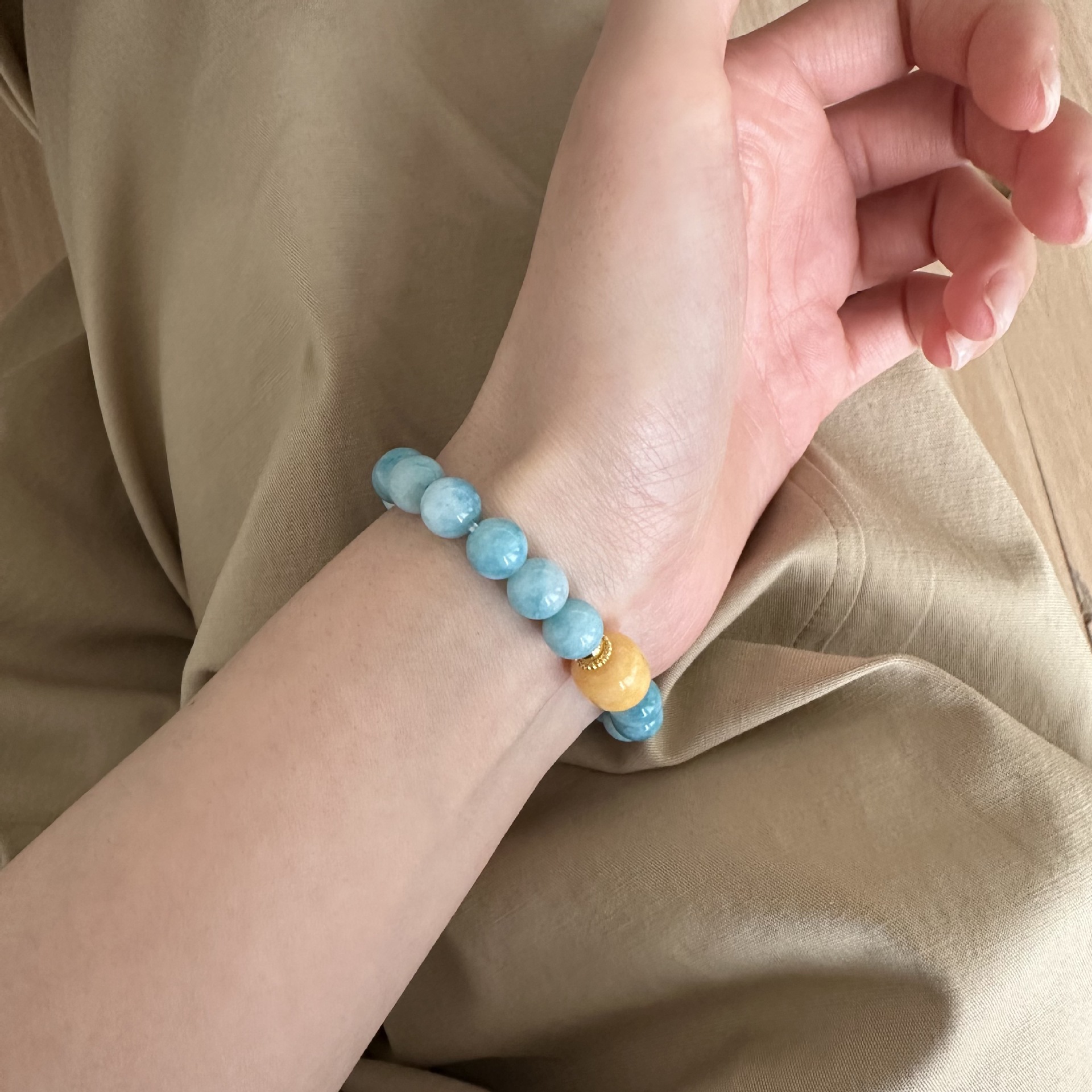 美汝仙 925纯银优化海纹石串珠手链女手工弹力绳款设计黄玉石