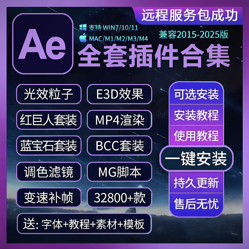 Ae插件全套合集Particular粒子2025一键安装调色e3d光特效脚本MAC