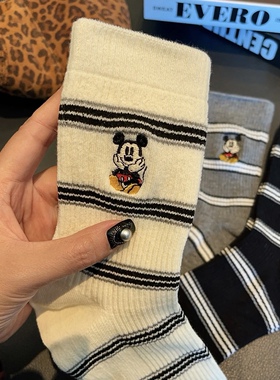 刺绣米奇袜子女中筒袜秋冬ins潮百搭纯棉袜黑白条韩国东大门长袜