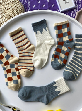 袜子女中筒袜秋冬蓝色可爱 ins潮复古条纹百搭日系袜网红纯棉袜夏