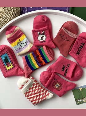 粉色袜子女中筒袜可爱少女心甜美纯棉袜韩国日系卡通软妹秋冬长袜