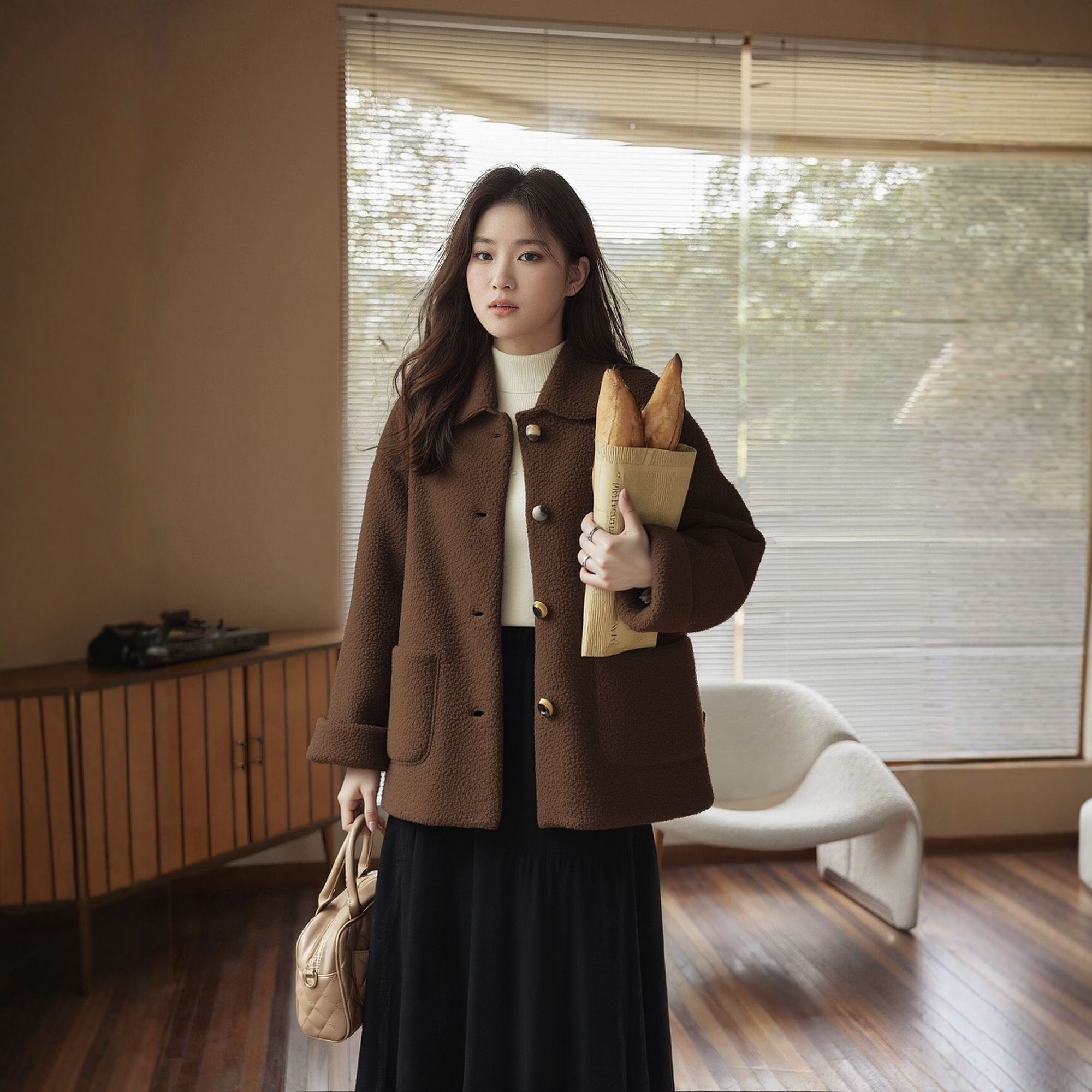 凤凰依屋羊羔绒宽松遮肚子外套