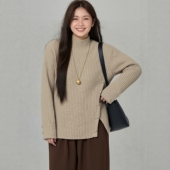 特大码 女秋冬胖妹MM200斤安迪绒开叉毛织半高领百搭外穿打底毛衣