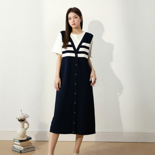 连衣裙女大码胖mm梨型身材假两件宽松慵懒风条纹黑白直筒长裙清仓