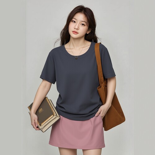 大码女装2026夏季新款圆领纯棉弹力Ｔ恤两侧捏褶短款胖妹针织上衣