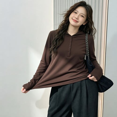 大码胖mm连帽刷绒弹力精棉上衣2026秋冬新款亨利领外穿打底T恤女